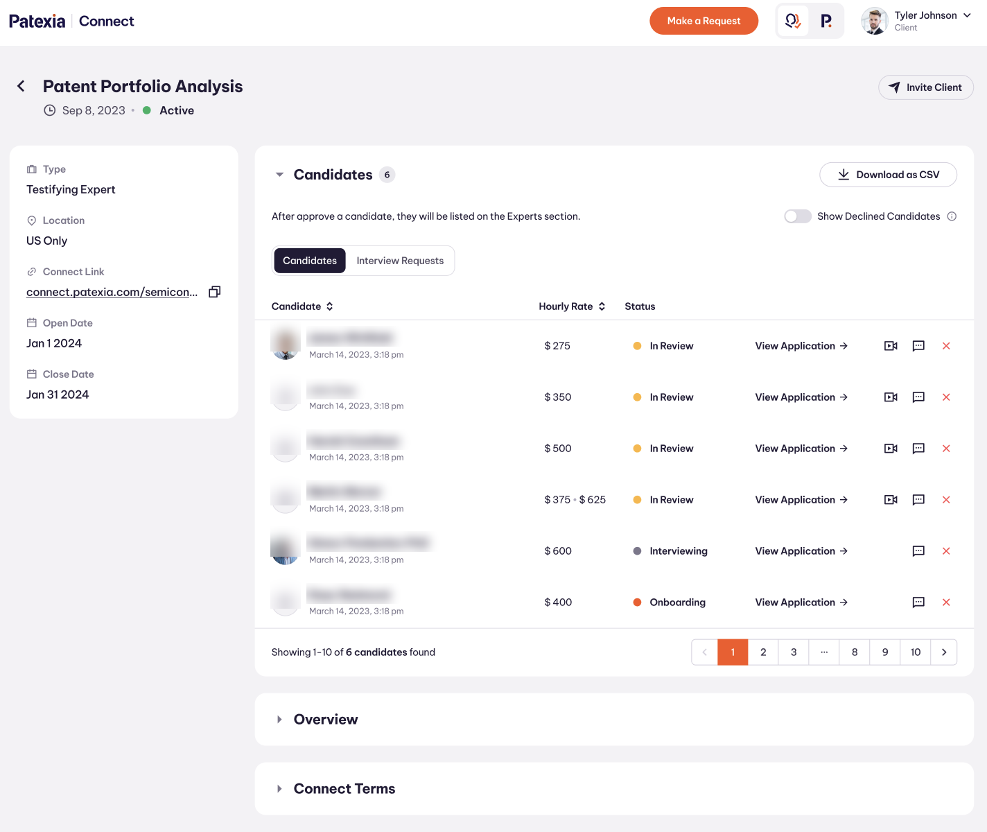 Patexia Connect candidate shortlist with hourly rates and review status